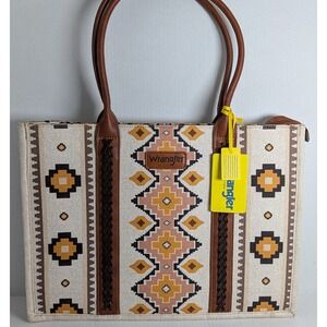 Wrangler Western Aztec Tote Bag NWT Brown Faux Leather Trim Southwest Purse